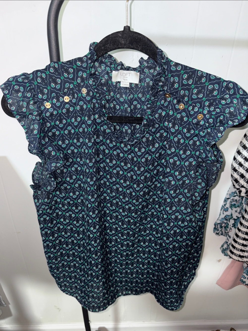 LOFT Navy Blouse with Teal Geometric Motif